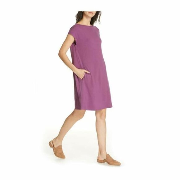EILEEN FISHER Purple Viscose Jersey Crew Neck Shift Dress Size Medium - Picture 1 of 7